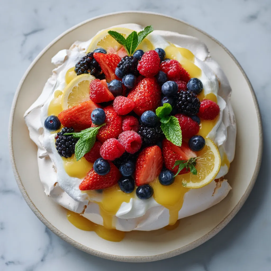 A dessert with strawberries, blueberries, and lemon curd cream.
