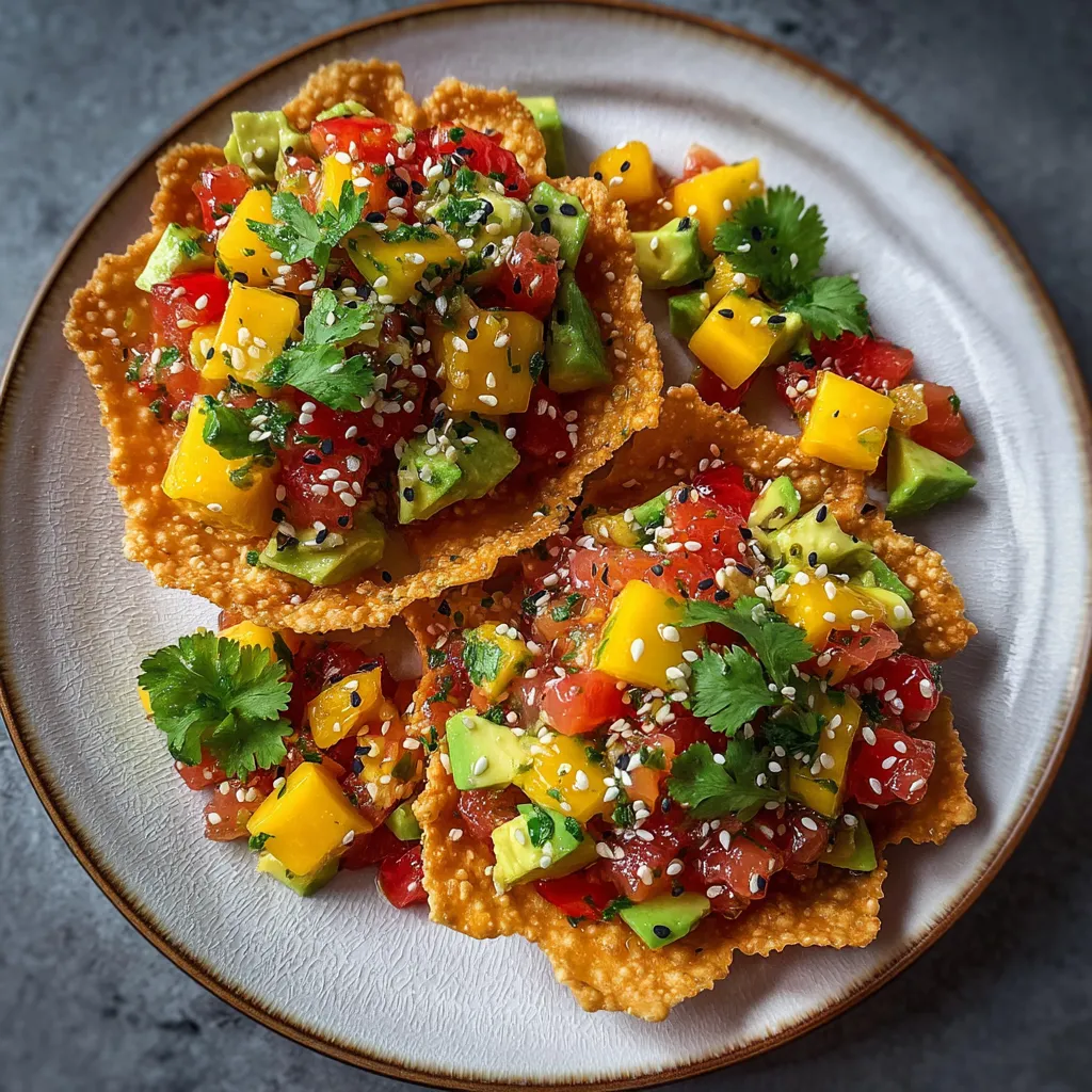 A plate of food with a salmon mango avocado tartare on crispy wonton chips.