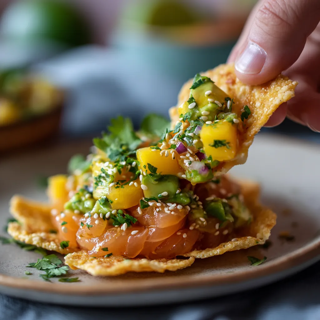 A hand is picking up a piece of food.