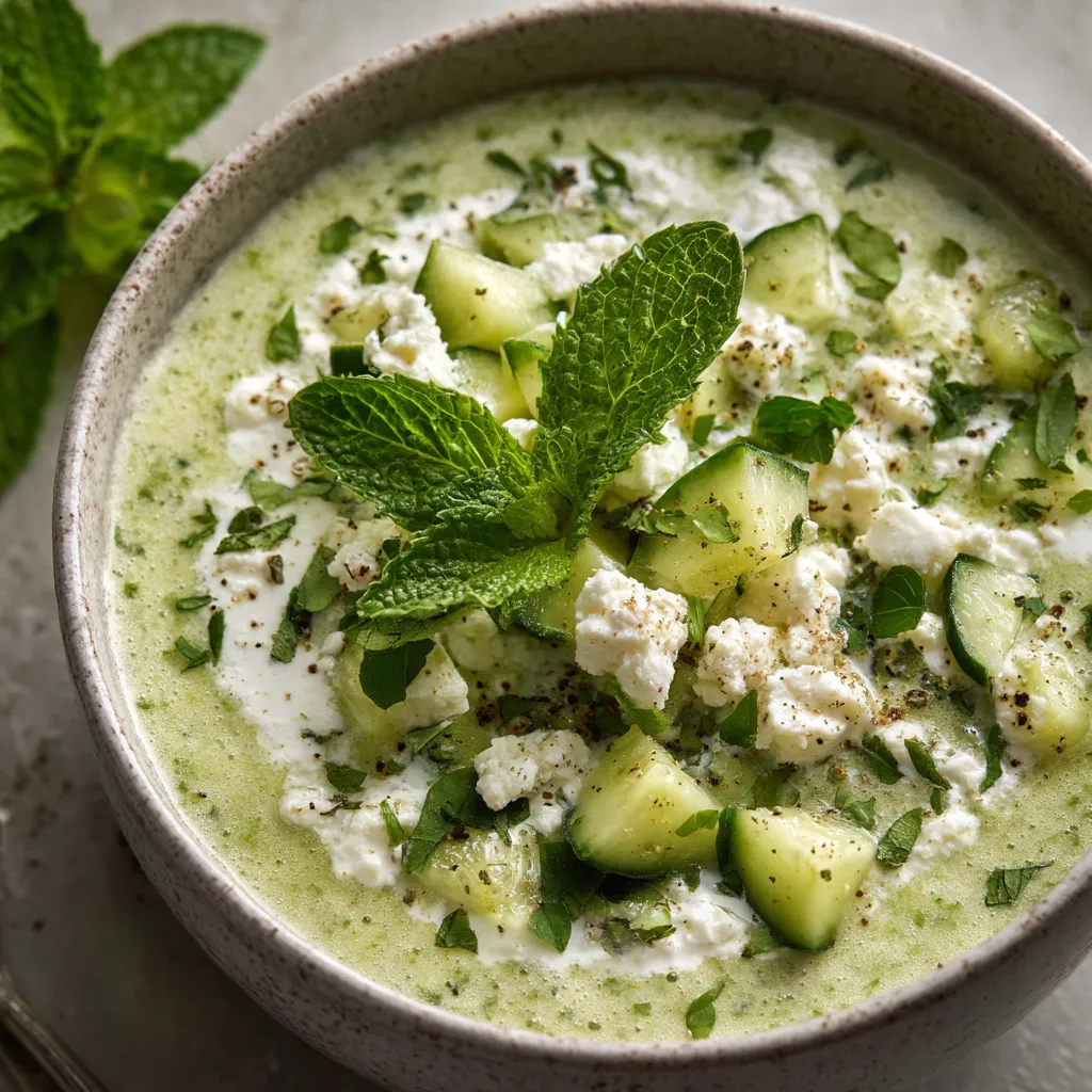 A bowl of chilled cucumber mint soup with crumbled feta.
