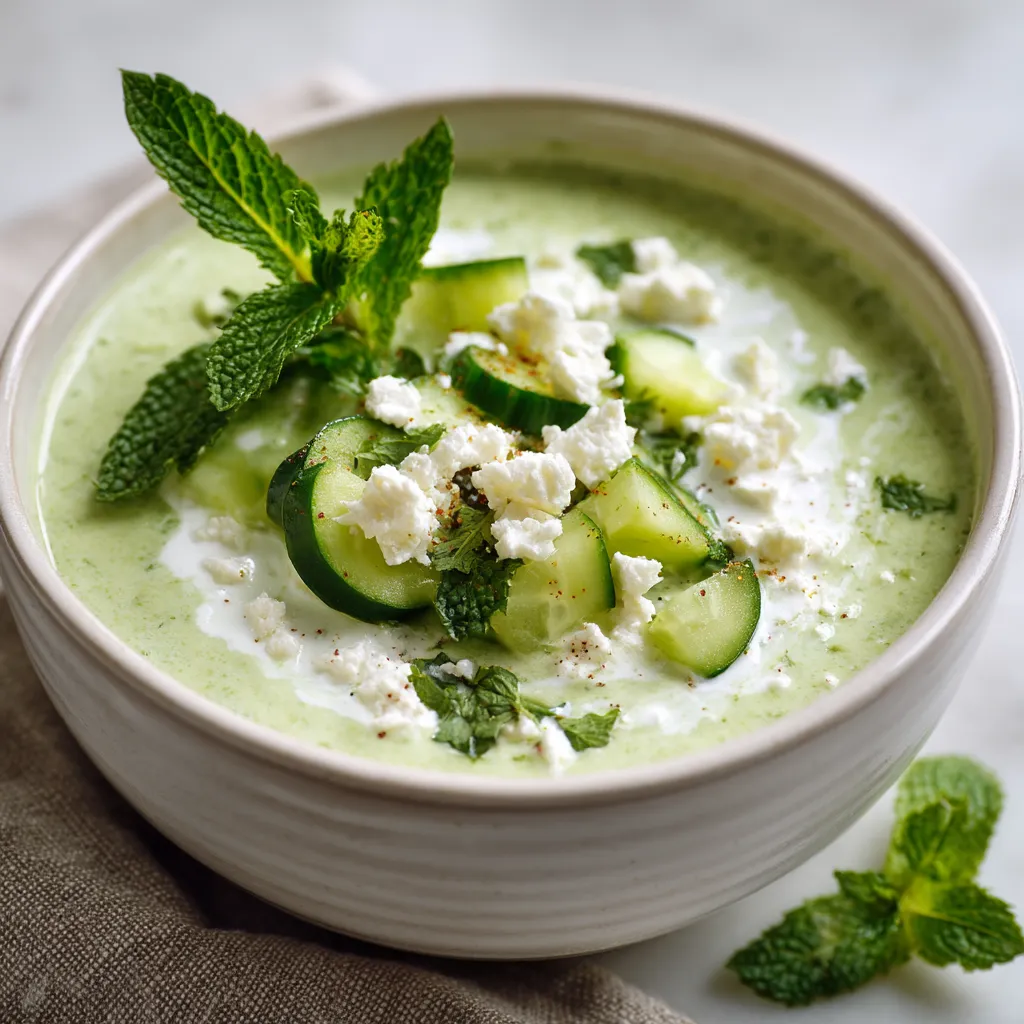 A bowl of chilled cucumber mint soup with crumbled feta.