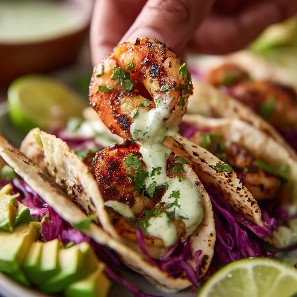 A plate of grilled shrimp tacos with cilantro-lime yogurt sauce.