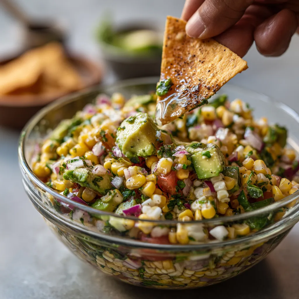 A person is adding grilled corn and avocado salsa to a bowl.