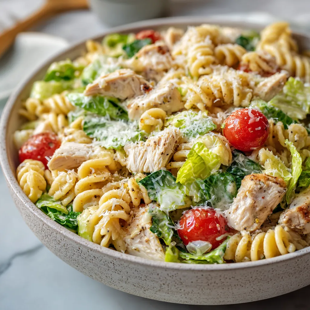 A bowl of chicken Caesar pasta salad.
