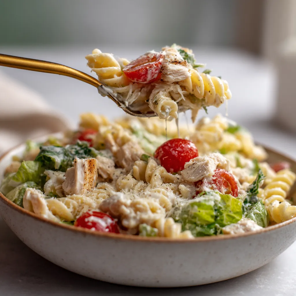 A bowl of chicken caesar pasta salad.