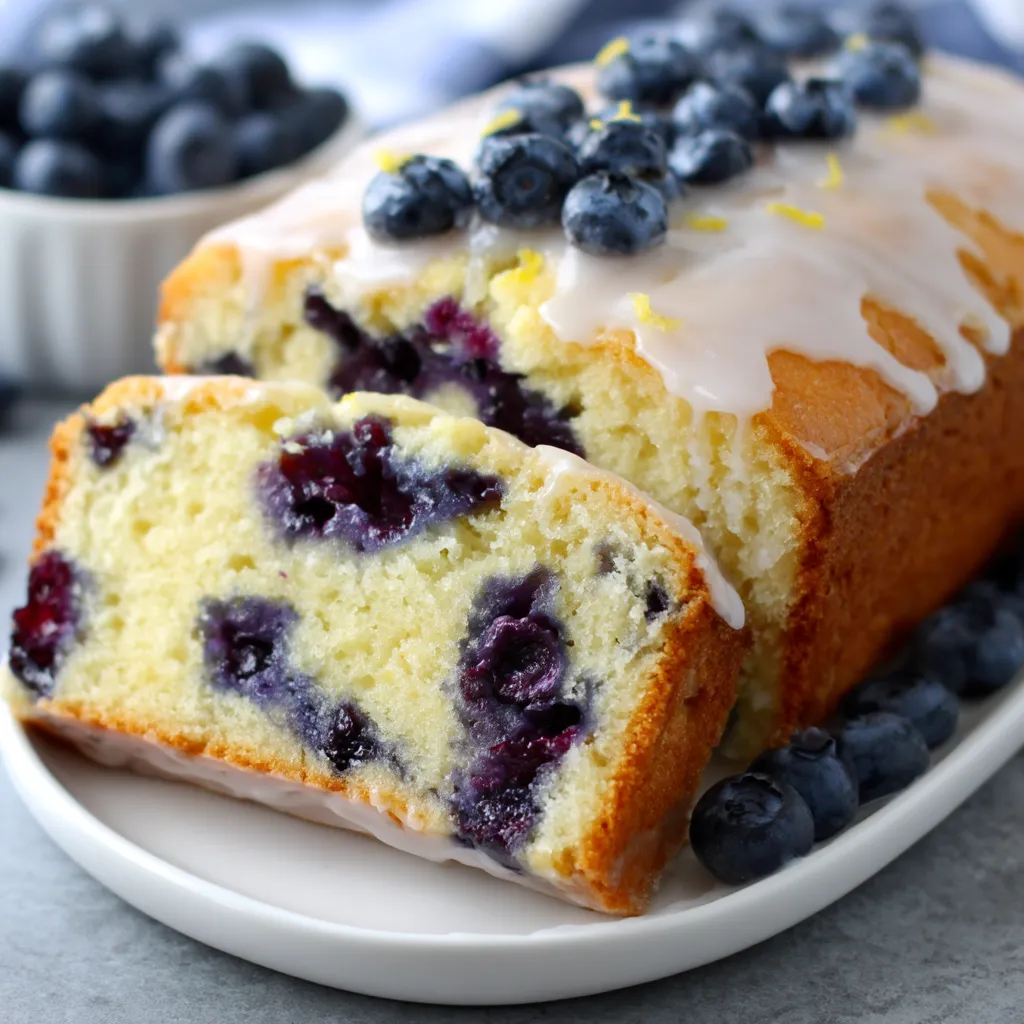 A slice of blueberry lemon loaf with glaze.