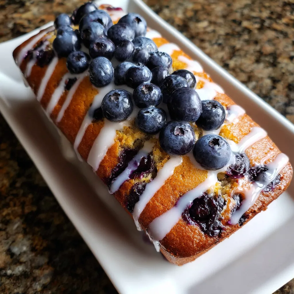 A slice of blueberry lemon loaf with glaze.