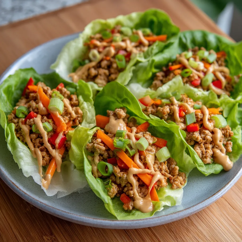 A plate of turkey lettuce wraps with peanut sauce.