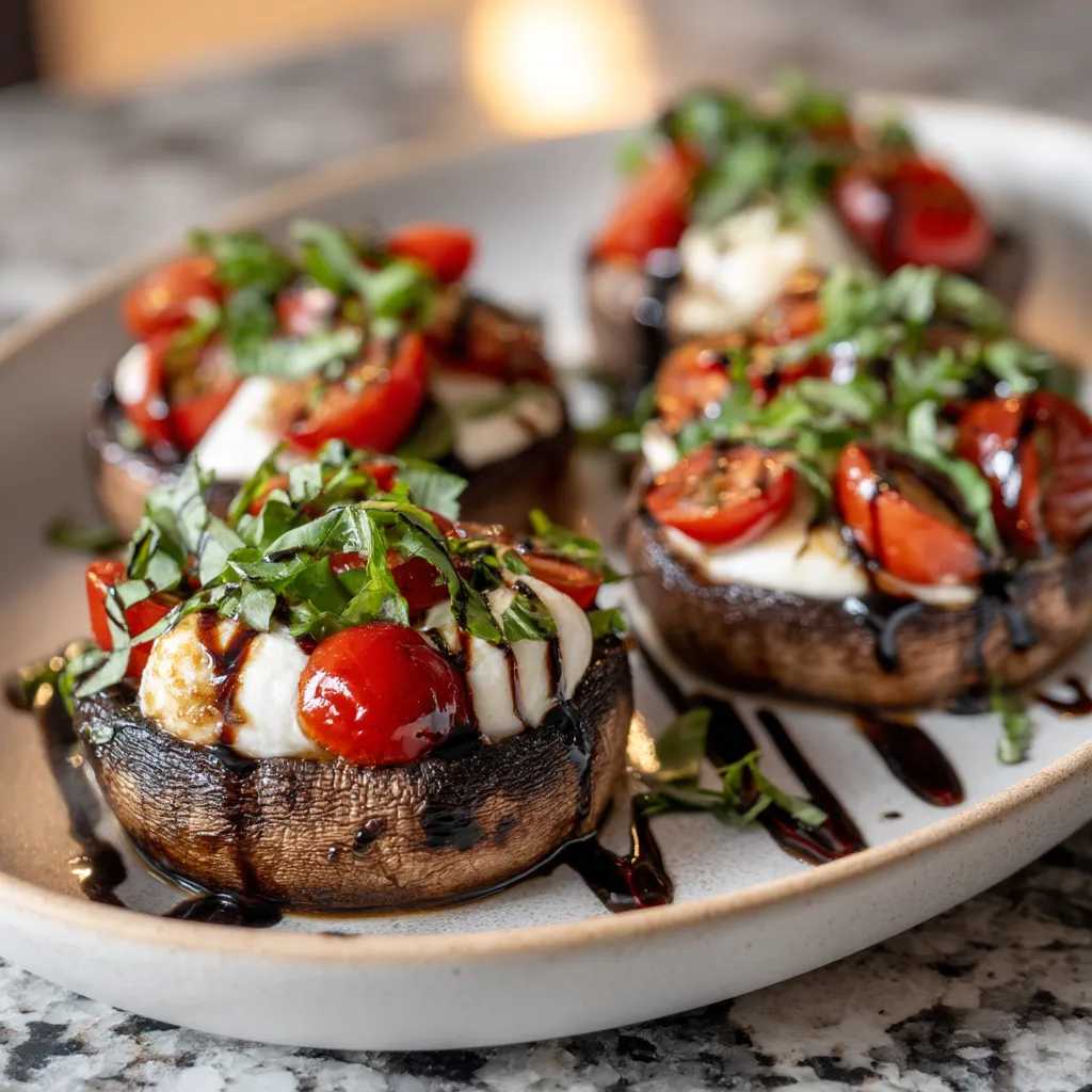 Caprese-stuffed portobello mushrooms on a plate.