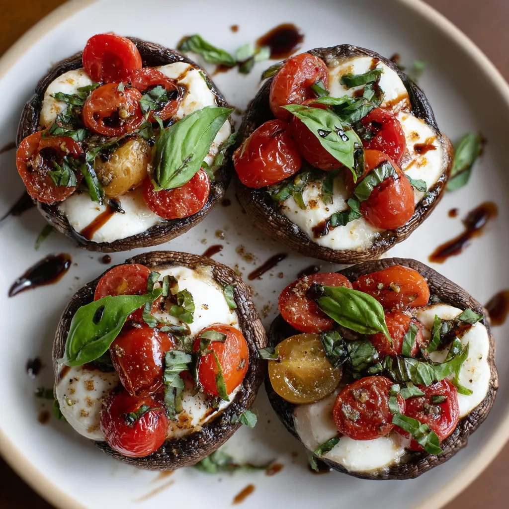 Caprese-stuffed portobello mushrooms on a plate.