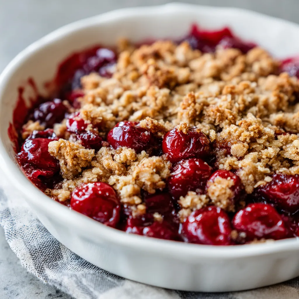 A bowl of fresh cherry crisp with oat crumble.