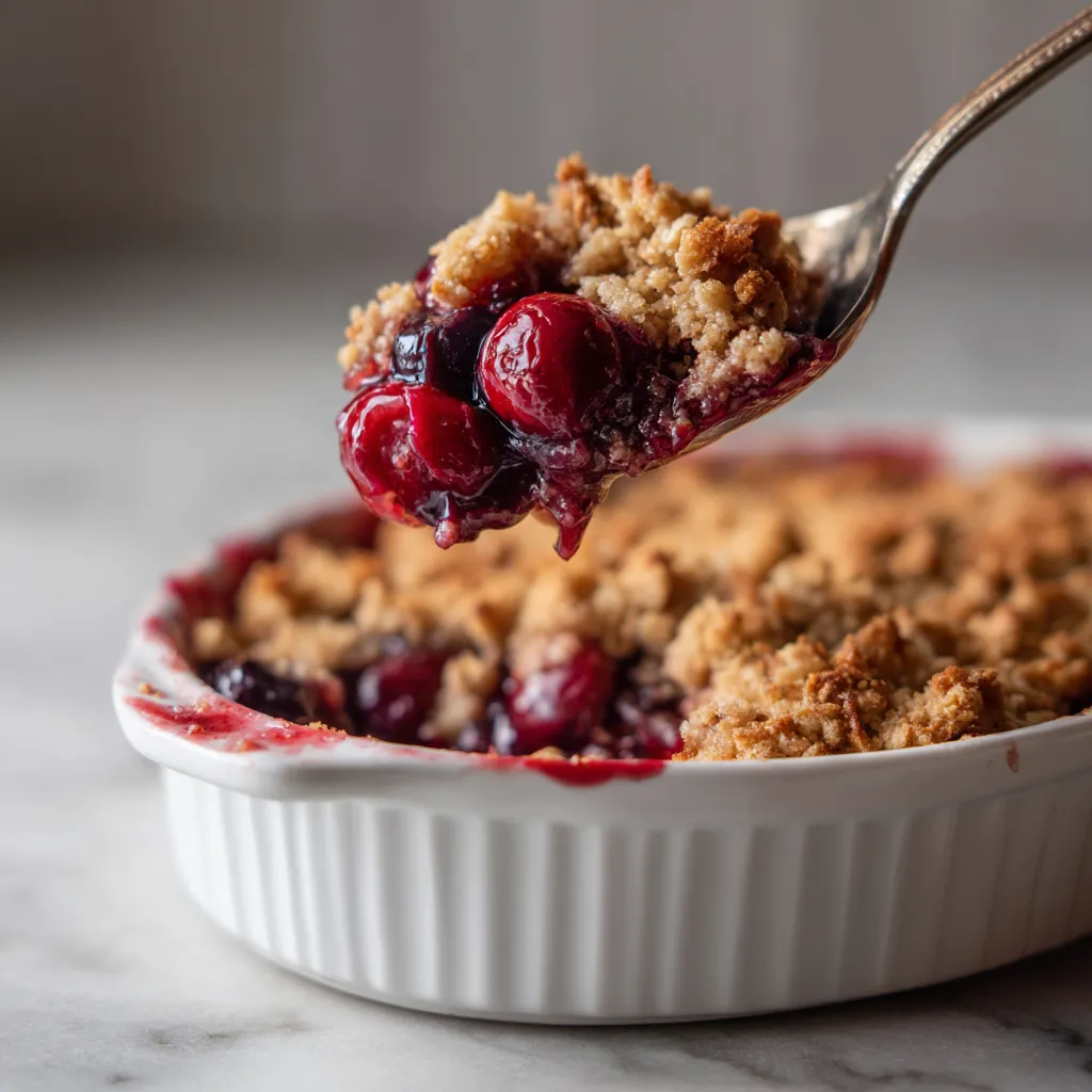 A spoonful of fresh cherry crisp with oat crumble.
