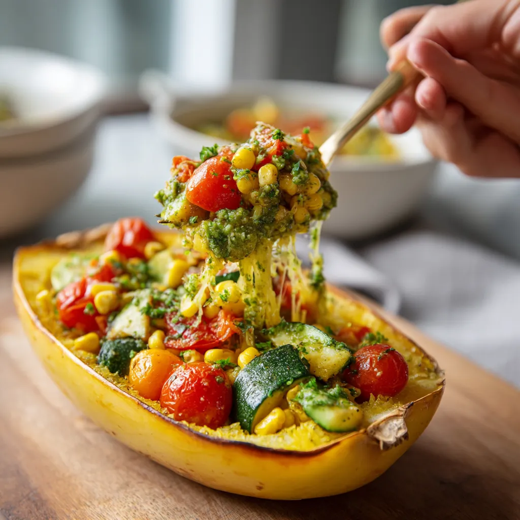 A person is scooping spaghetti squash with a spoon.