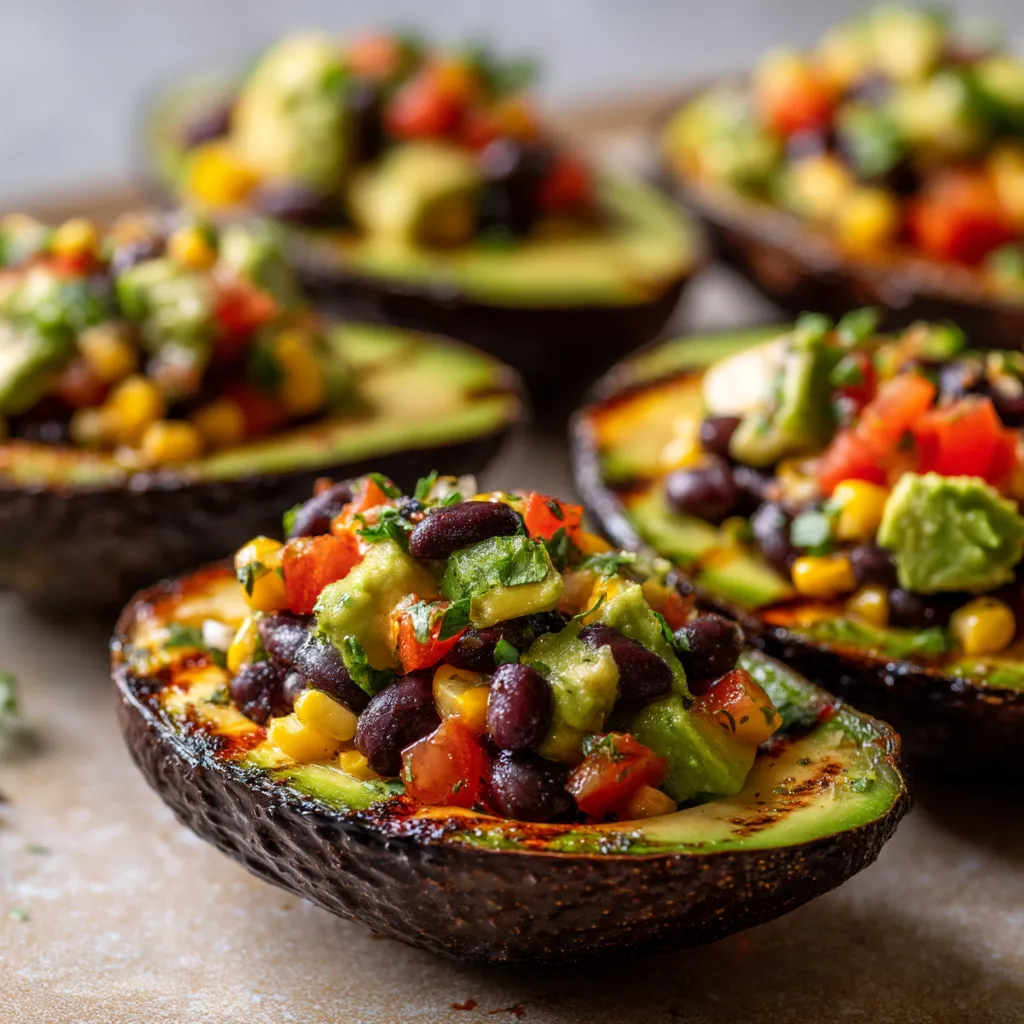 Grilled avocado boats with black bean corn salsa.