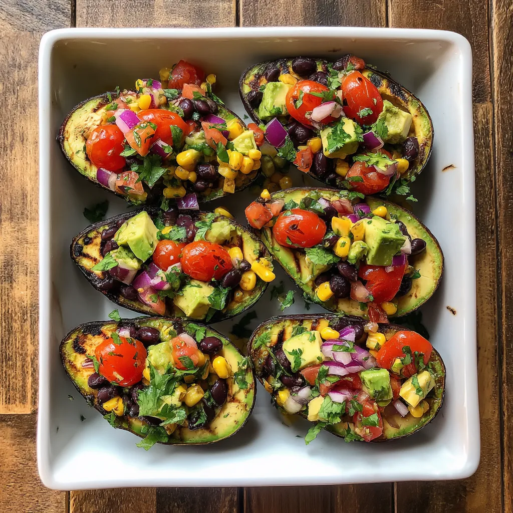 A plate of grilled avocado boats with black bean corn salsa.
