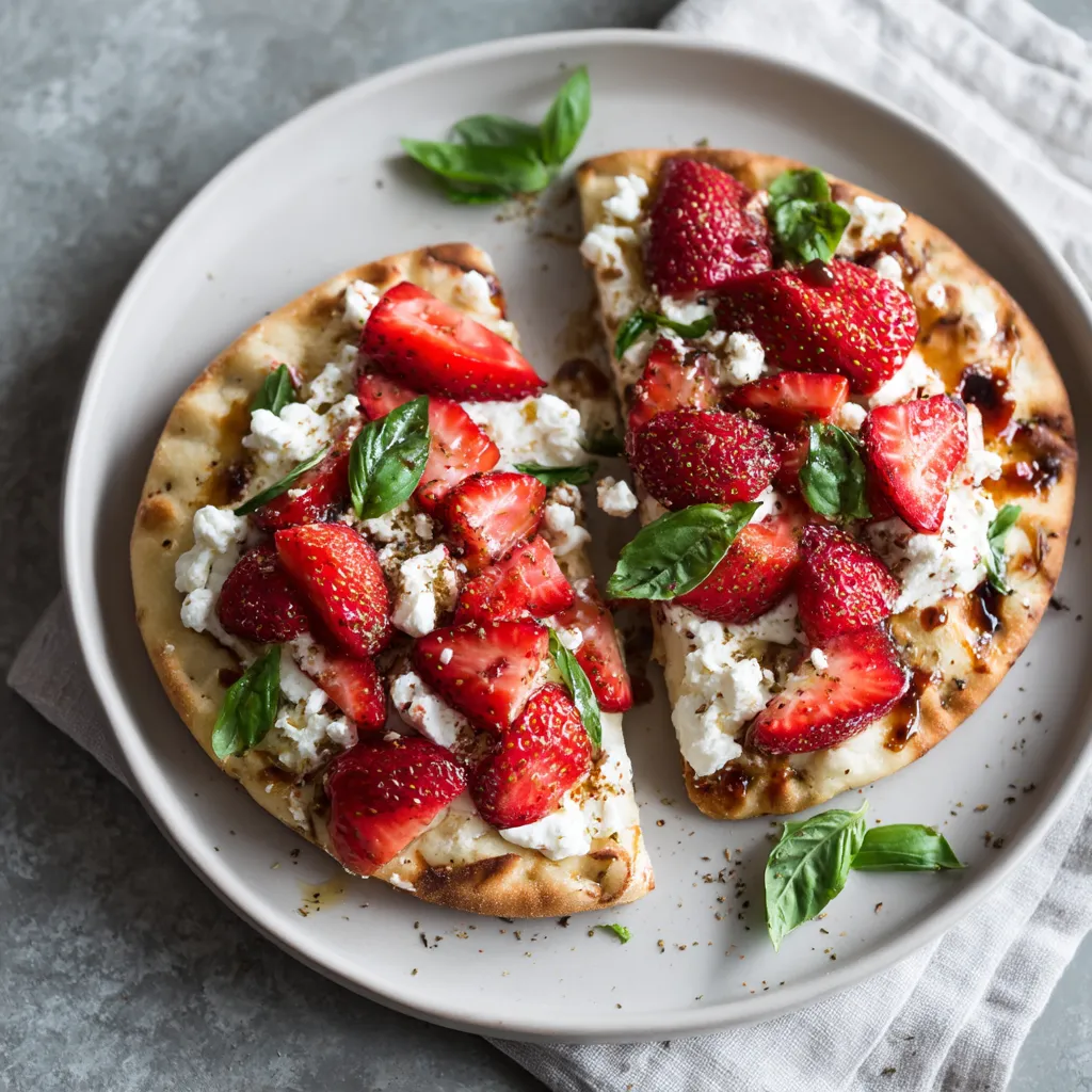A slice of strawberry basil feta flatbread.