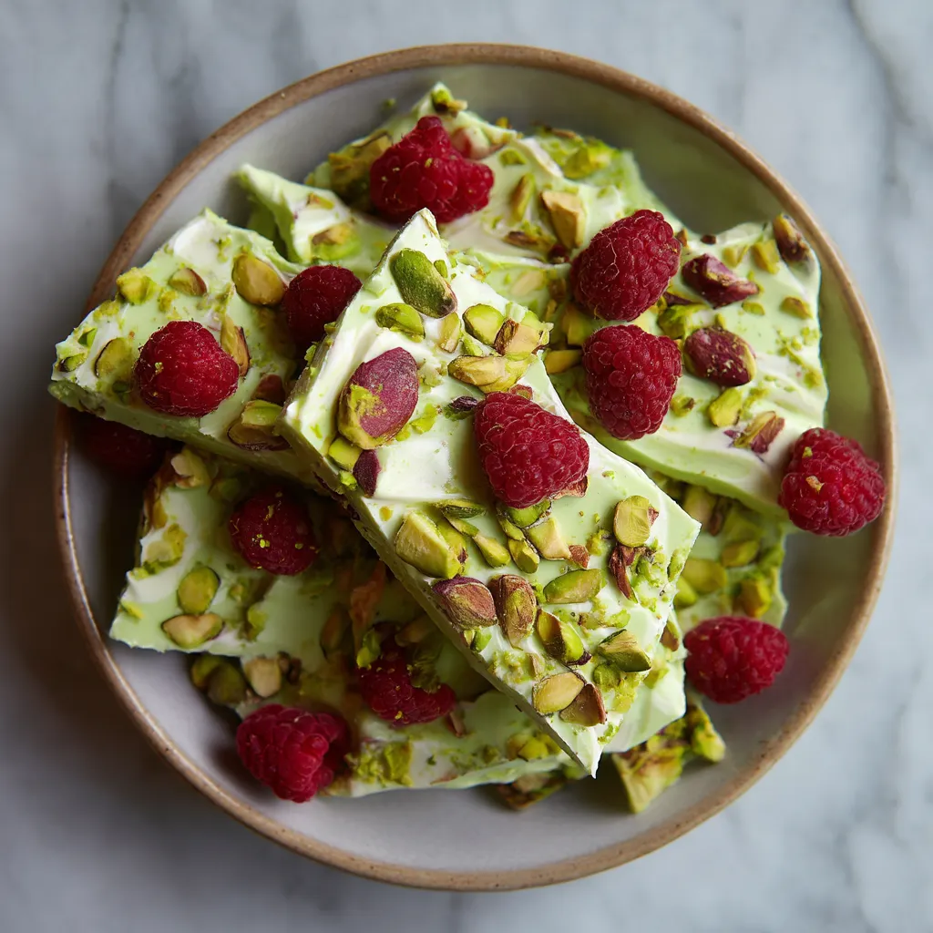 A bowl of frozen matcha yogurt bark with pistachios and raspberries.