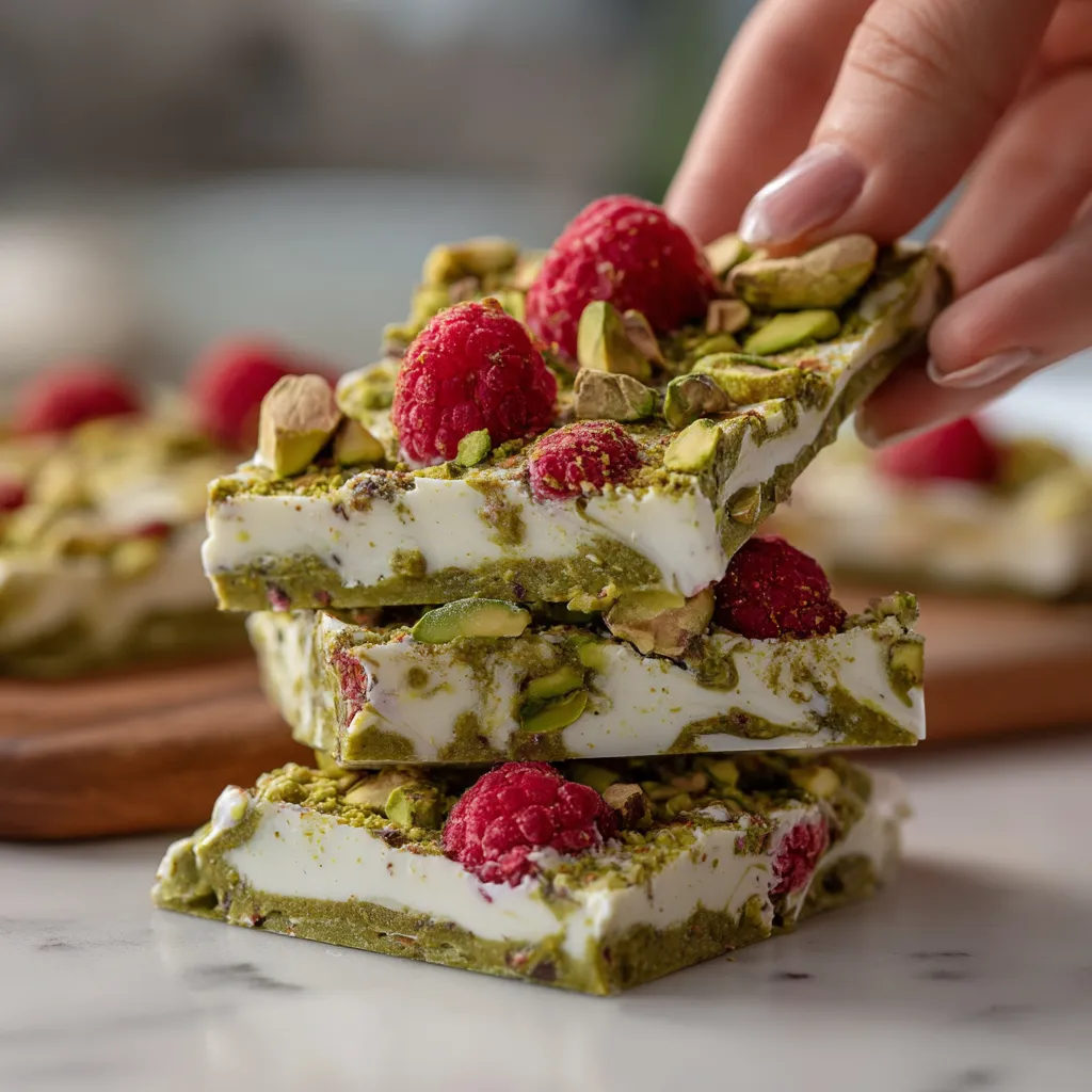 A stack of frozen matcha yogurt bars with pistachios and raspberries.
