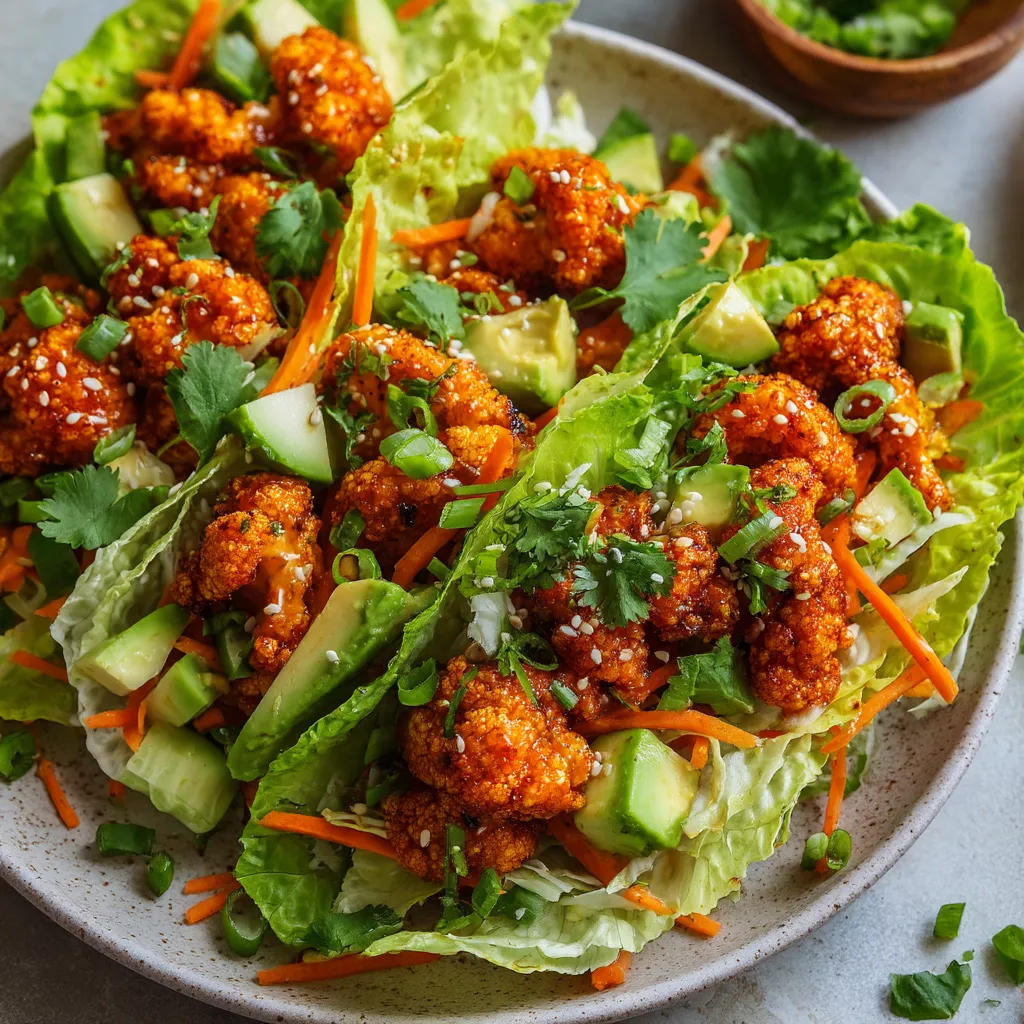 A plate of buffalo cauliflower lettuce tacos.