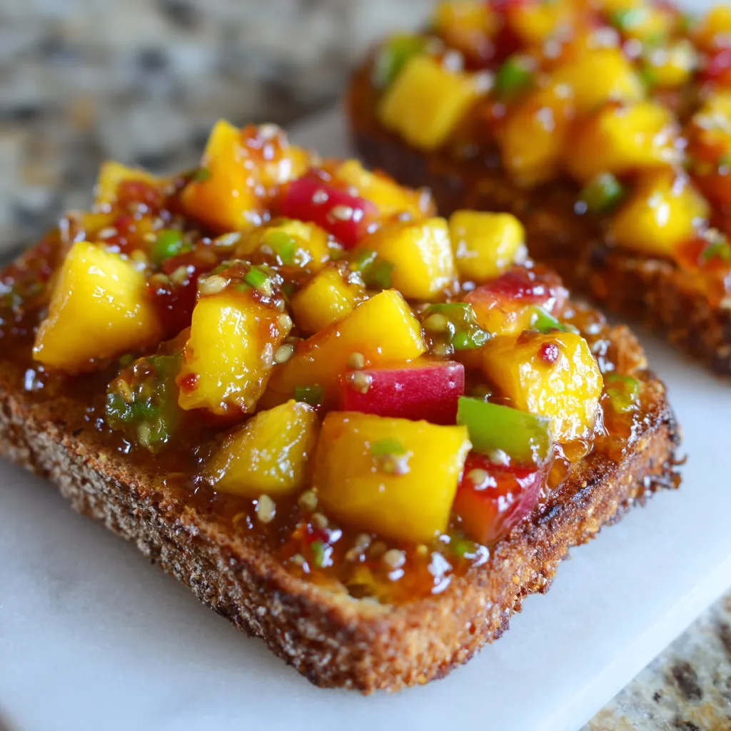 Two slices of toast with peach jalapeño chia jam on them.