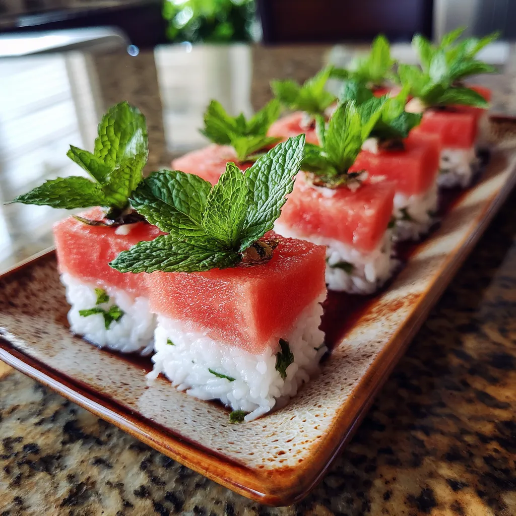 A plate of watermelon sushi with coconut sticky rice and mint.