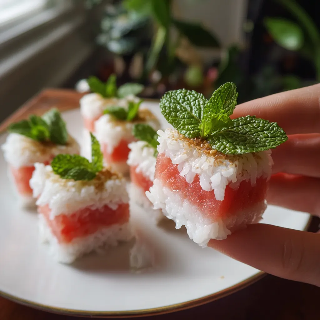 A person is holding a piece of watermelon sushi with coconut sticky rice and mint.