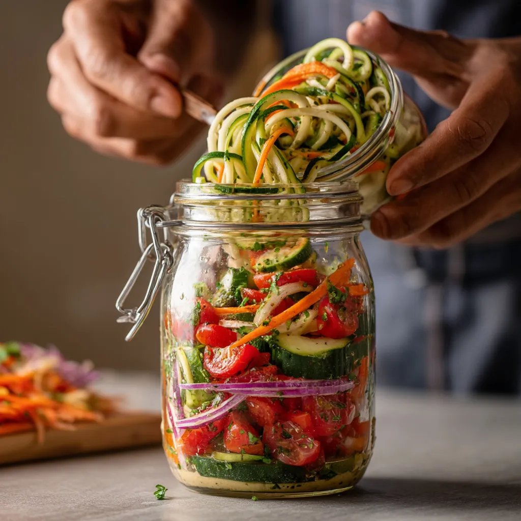 A jar of zoodle salad with a lemon-tahini dressing.