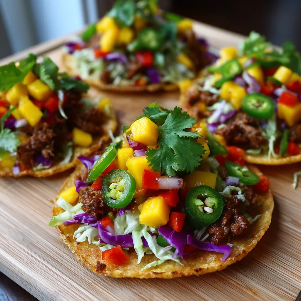 A plate of food with a spicy mango slaw tostada.