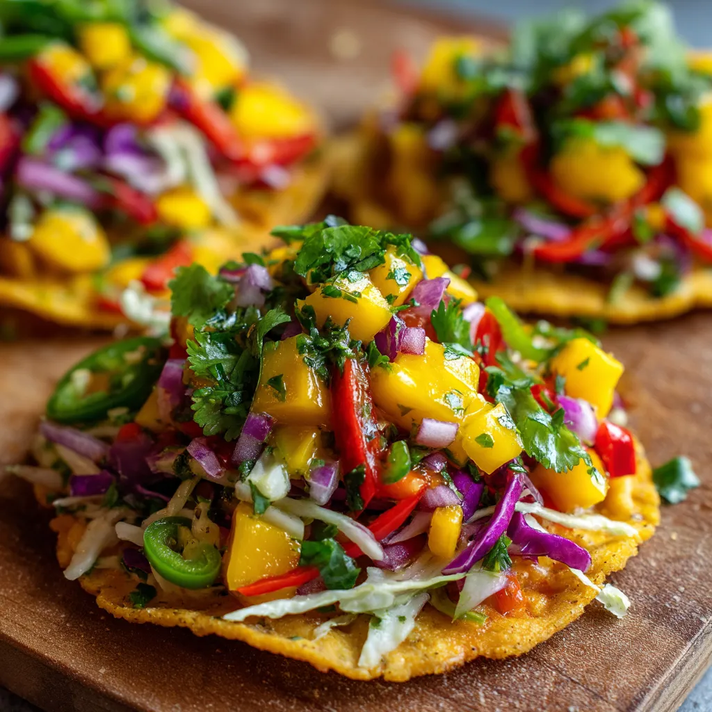 A plate of food with a spicy mango slaw tostada.
