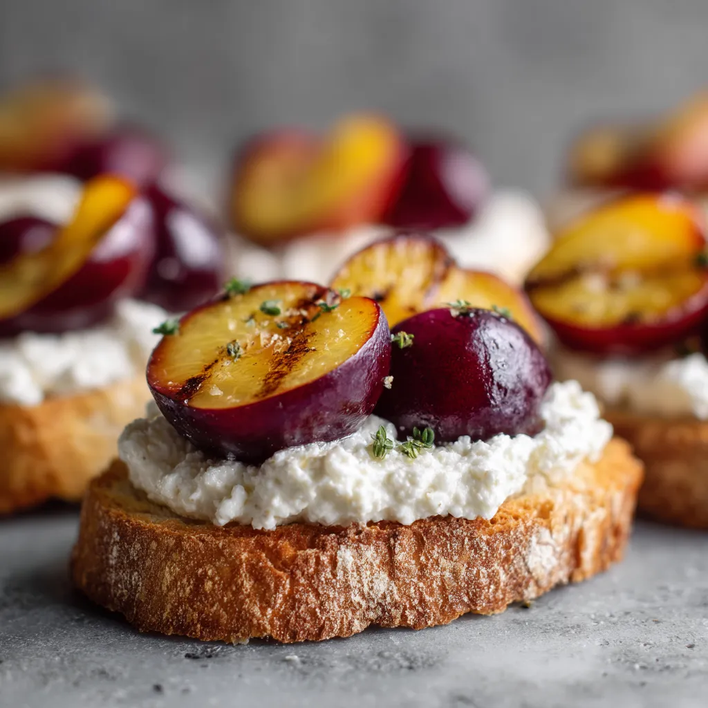 A plate of crostini with grilled plums on top.