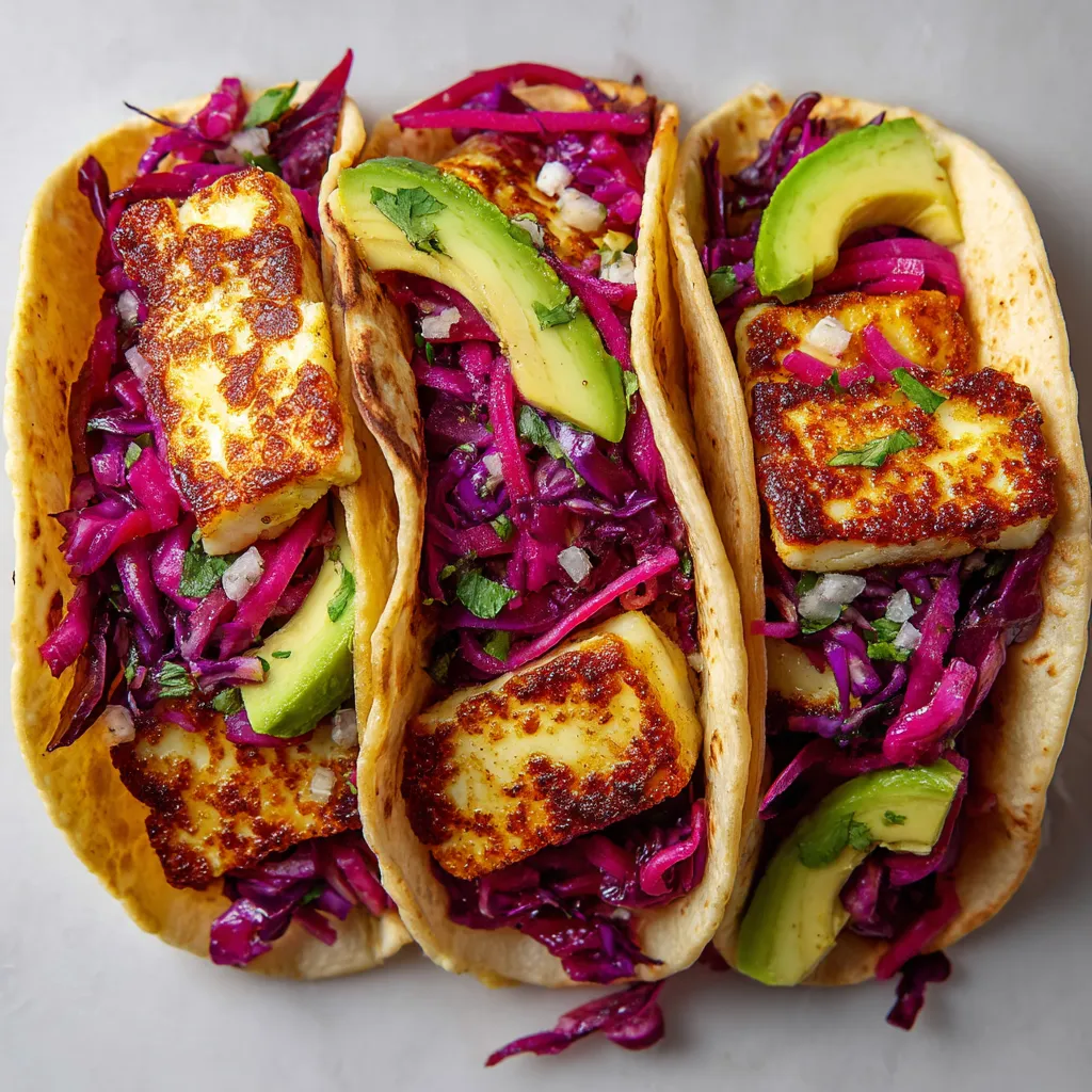 Crispy Halloumi Tacos with Pickled Onions.