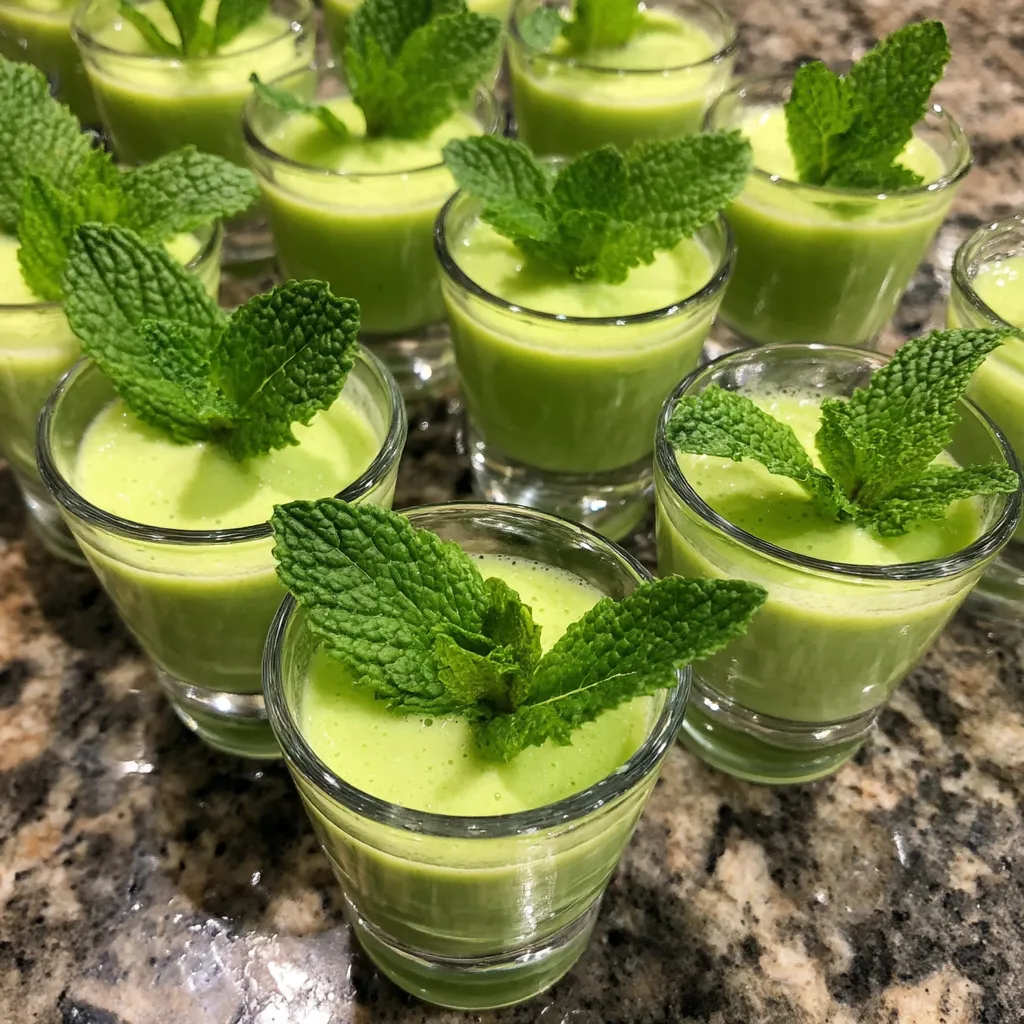 A table with several glasses of cucumber melon gazpacho shooters.