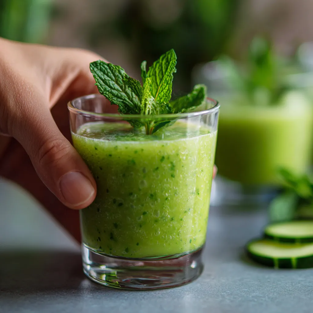 A hand holding a glass of cucumber melon gazpacho shooters.