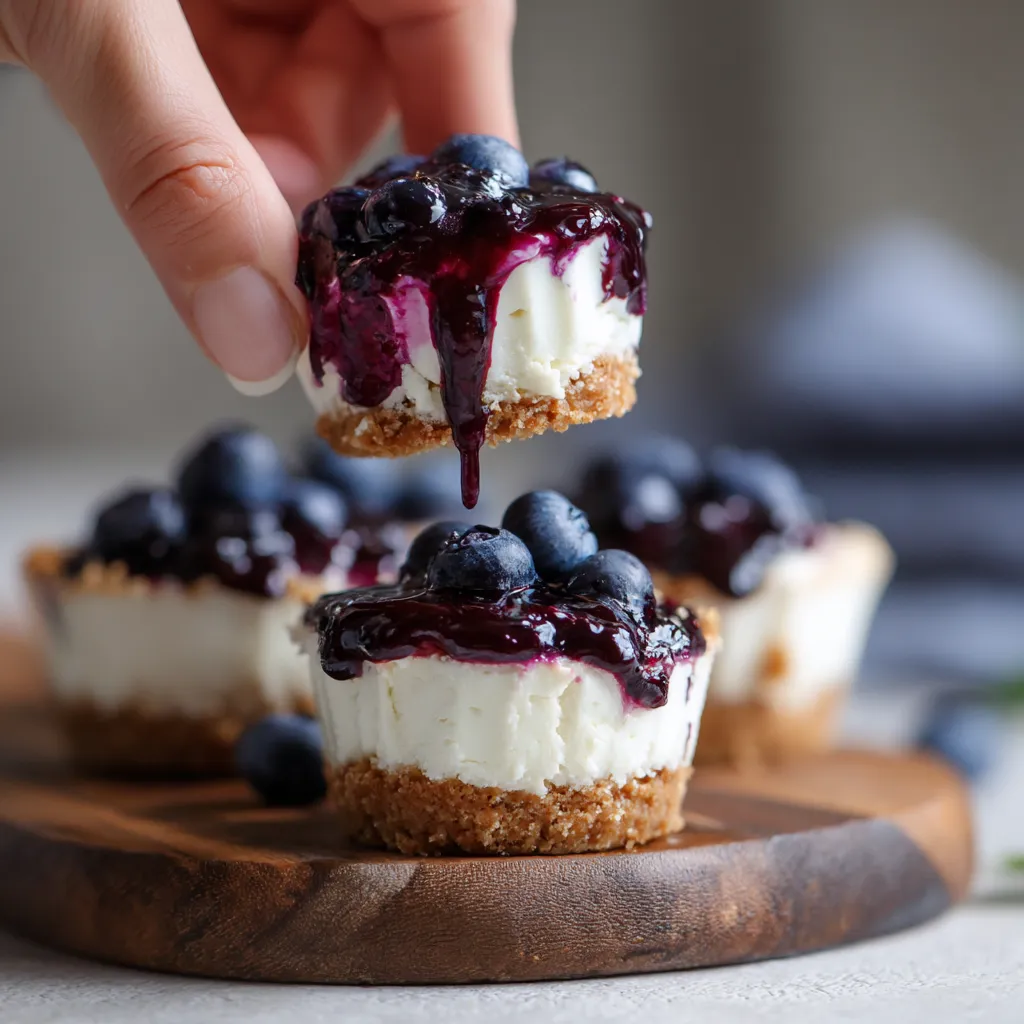 A person is holding a piece of blueberry cheesecake.