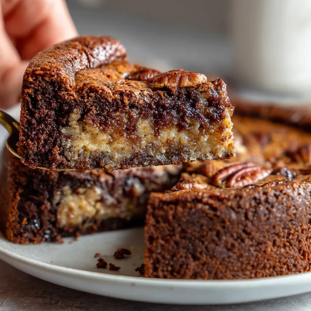 A slice of brownie pecan pie on a plate.