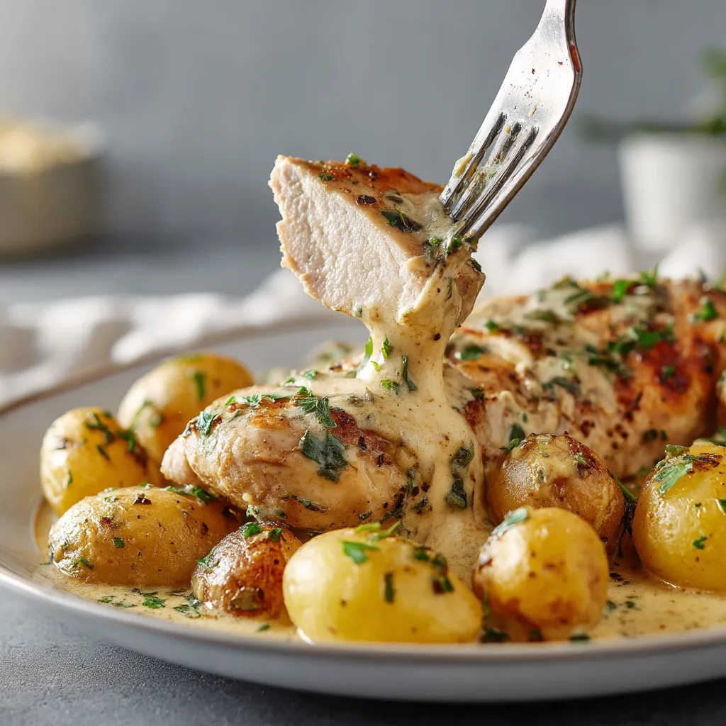 A plate of chicken and potatoes with dijon cream sauce.