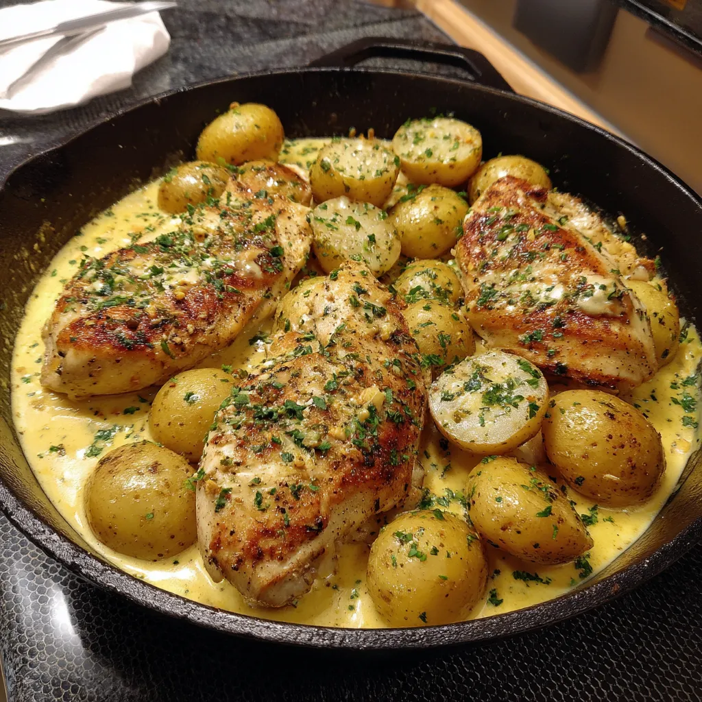 Chicken and potatoes with dijon cream sauce.