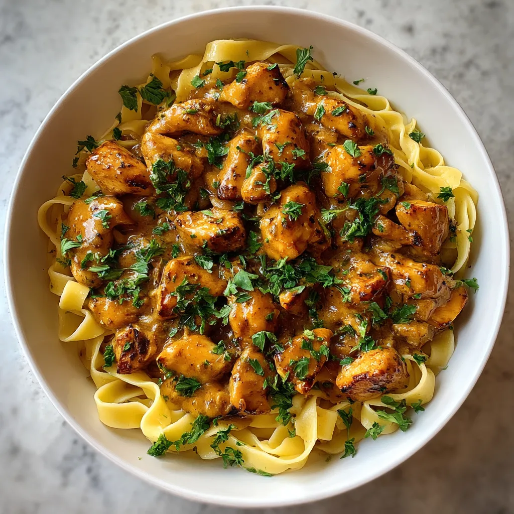 A bowl of spicy Cajun honey butter chicken and pasta.
