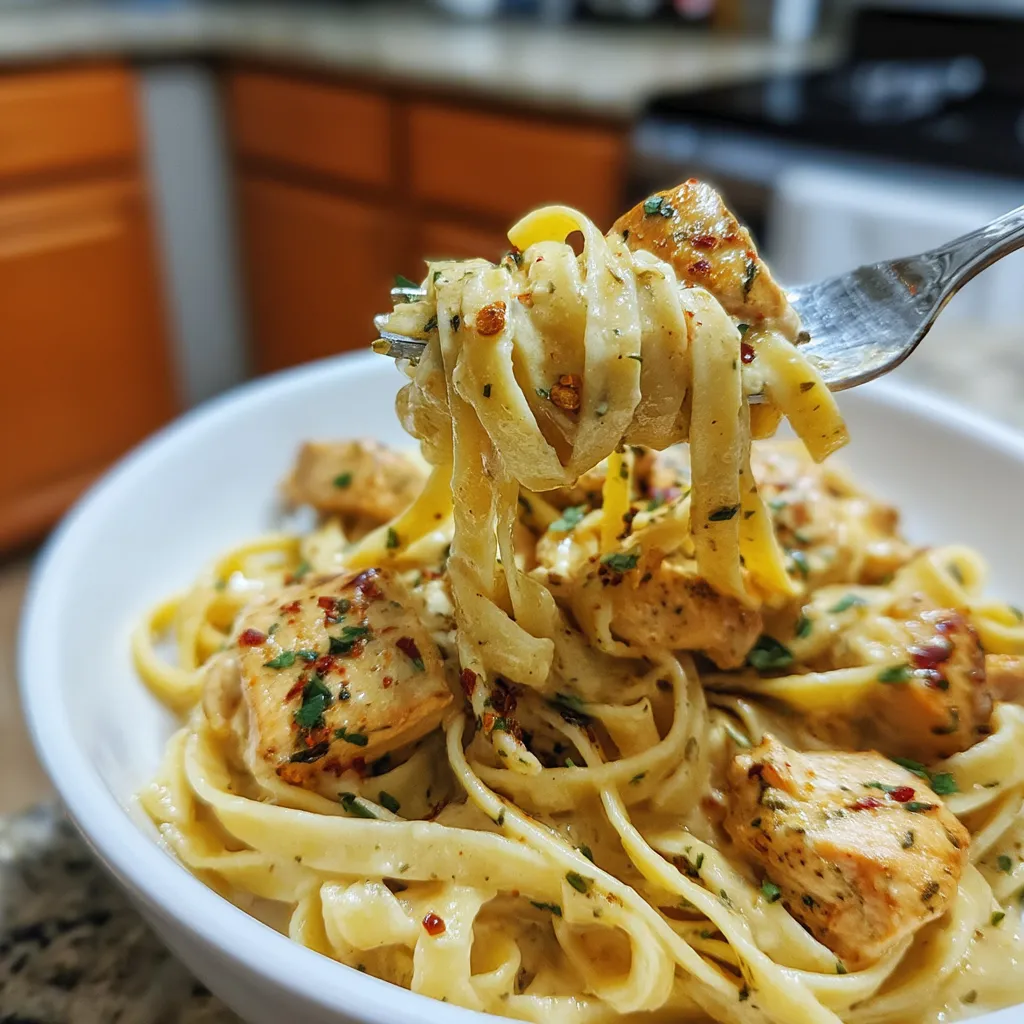 A bowl of spicy cajun honey butter chicken and pasta.