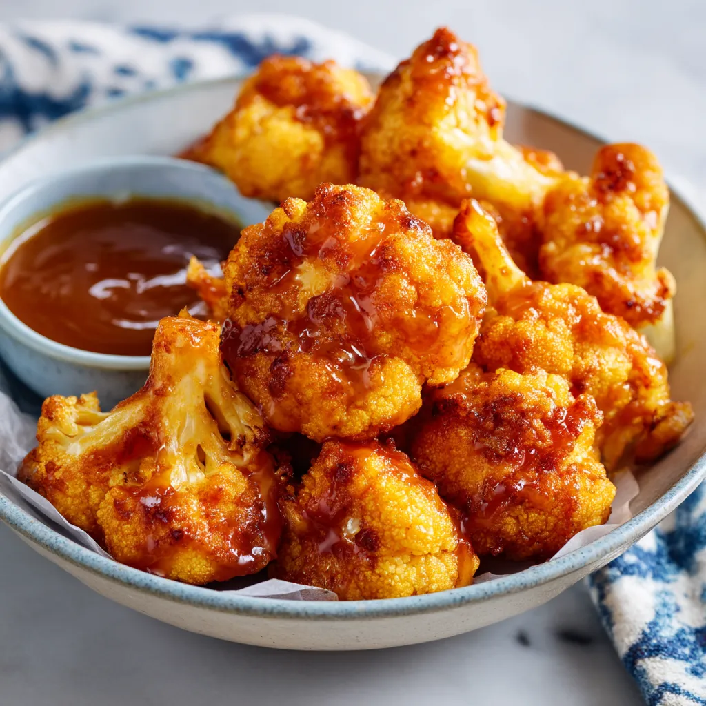 A bowl of buffalo cauliflower with sauce.