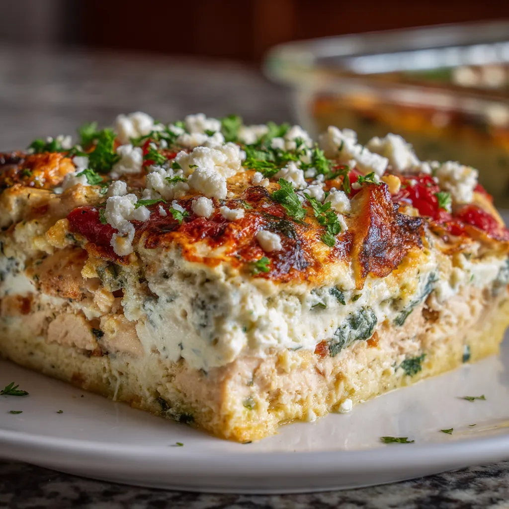 A casserole with chicken, cheese, and vegetables.