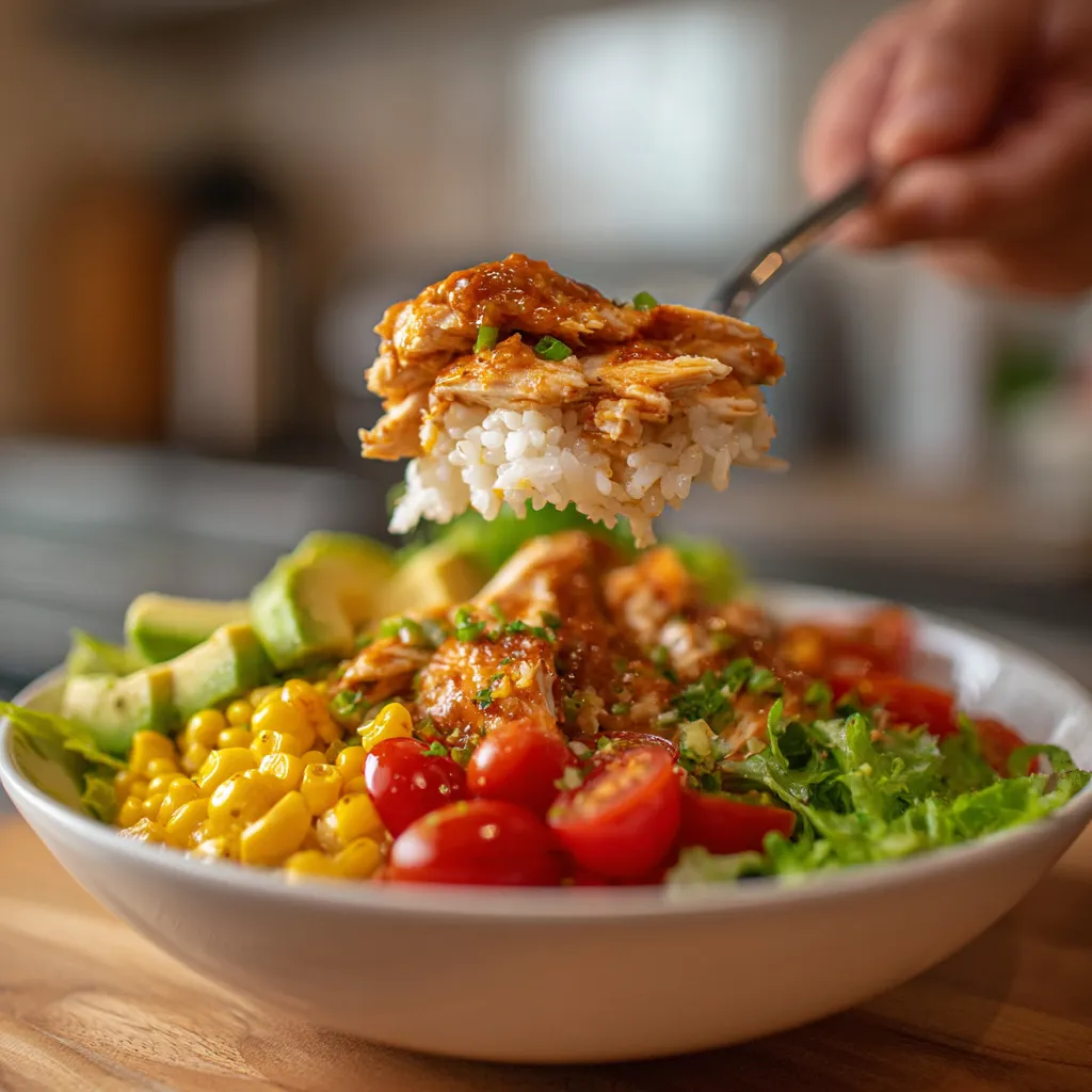 A person is holding a fork with a piece of food on it.