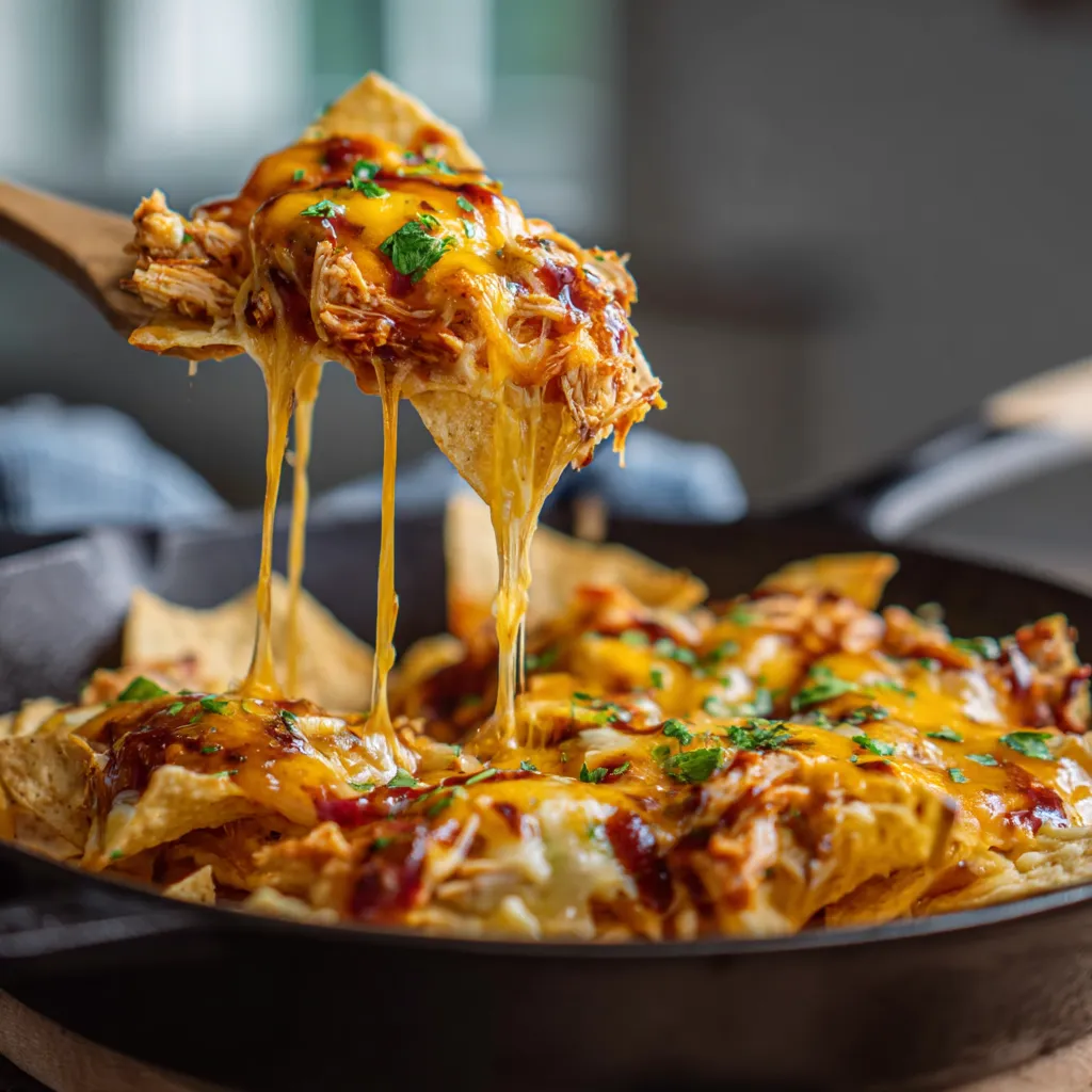 A delicious BBQ Peach Chicken Nachos with Smoked Cheddar.