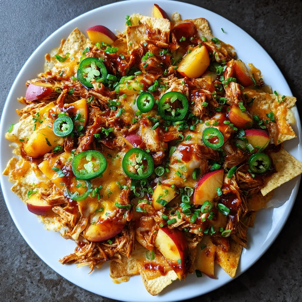 A plate of BBQ Peach Chicken Nachos with Smoked Cheddar.