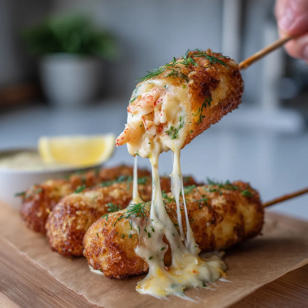 A person is holding a lobster corn dog with a lemon-dill aioli.