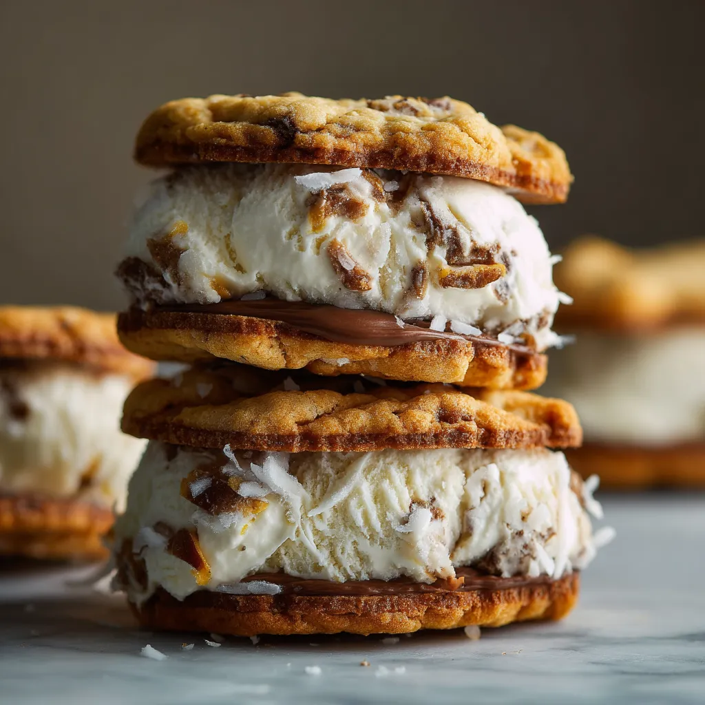 A stack of three sweet corn and coconut milk ice cream sandwiches.