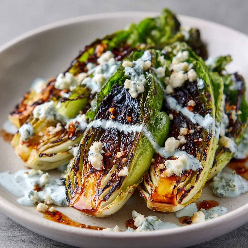A plate of charred romaine wedge salad with blue cheese foam.