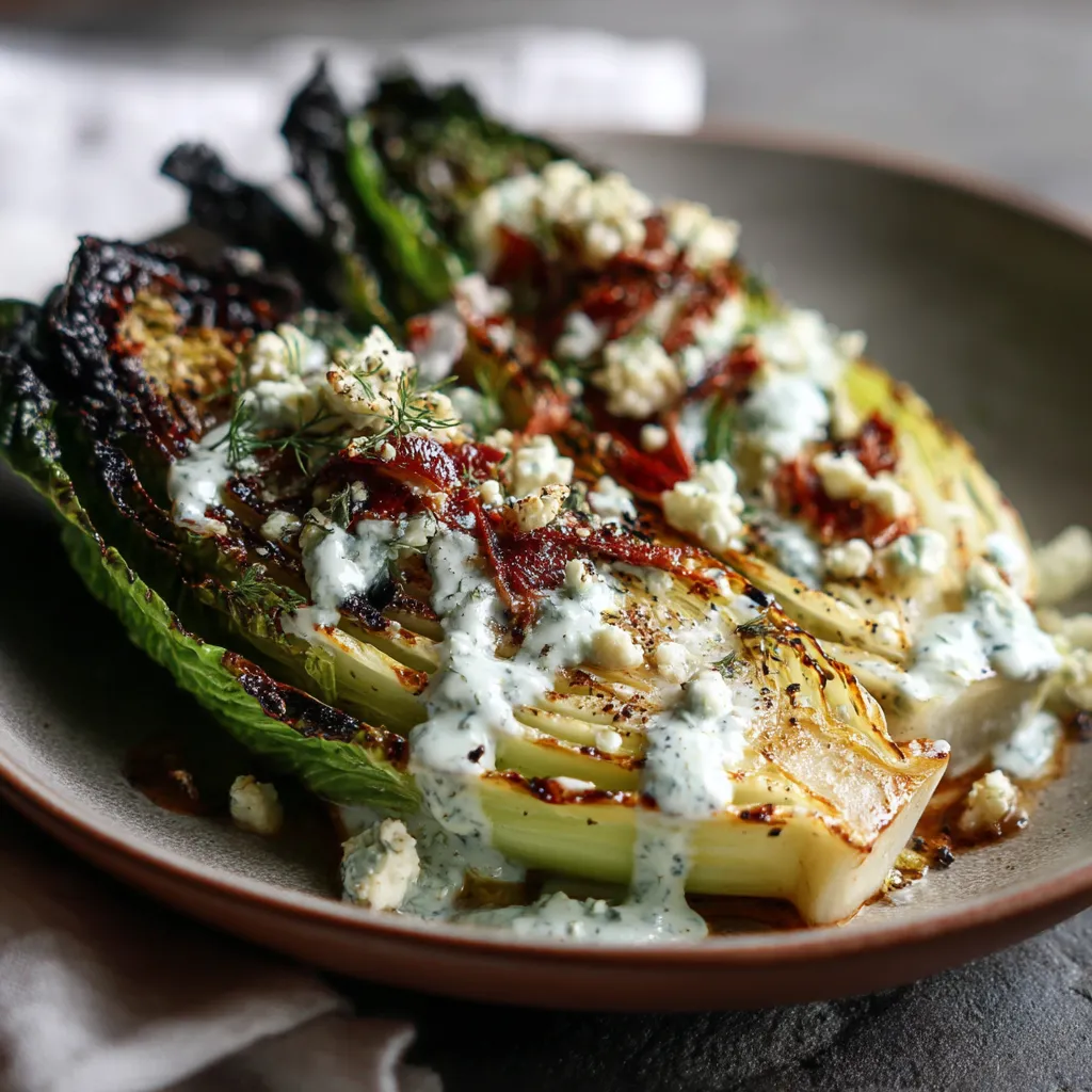 A charred romaine wedge salad with blue cheese foam.