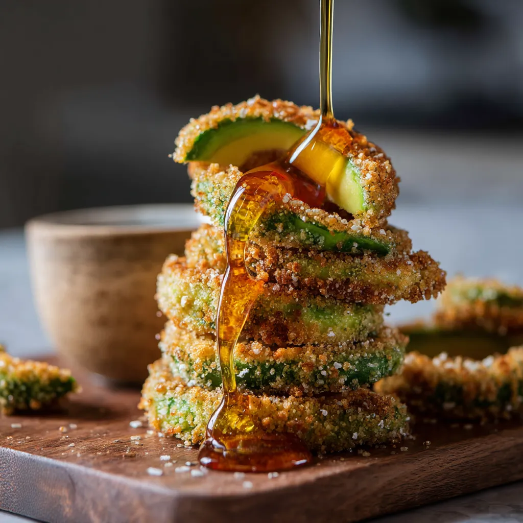 Crispy Avocado Slices with Hot Honey Drizzle.