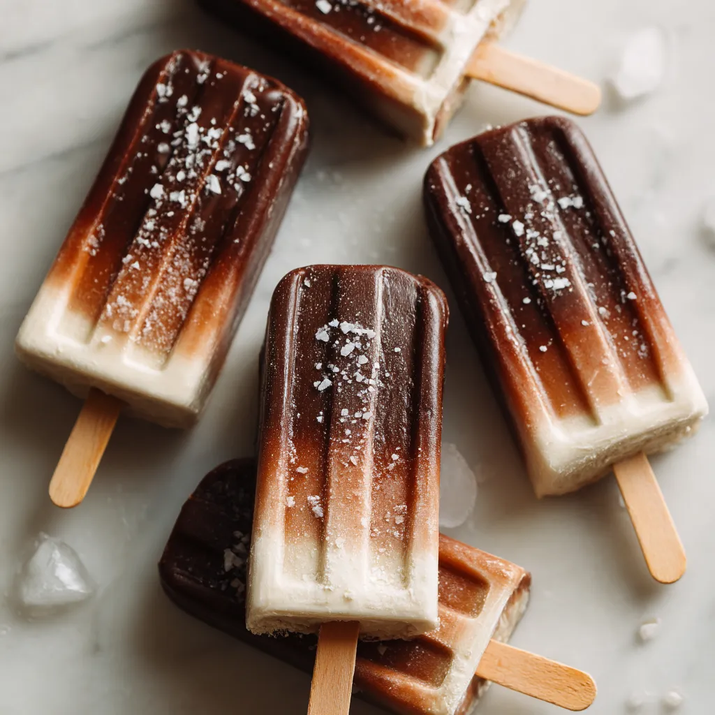 A group of 6 cold brew coffee popsicles with chocolate shell and sea salt.